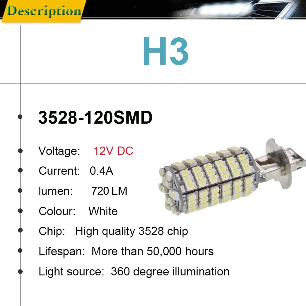 2 шт. светодиодные лампы H3 супер яркие 120SMD 3528 Светодиодный ные Автомобильные