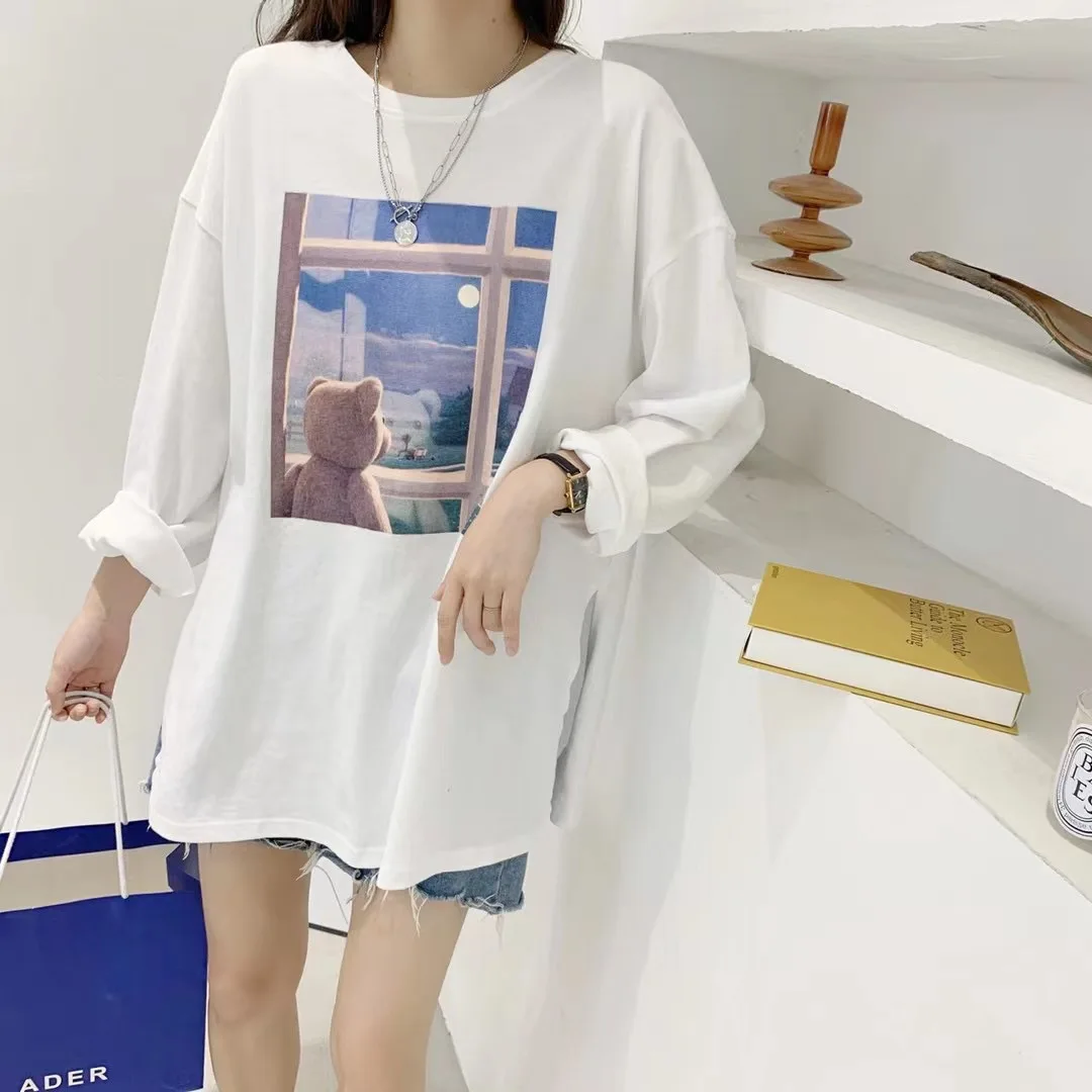 

Fall Winter Women's Cotton Oversized T Shirt Long Sleeve Cute Cartoon Graphic Crewneck Casual Pullover Tee Tops White