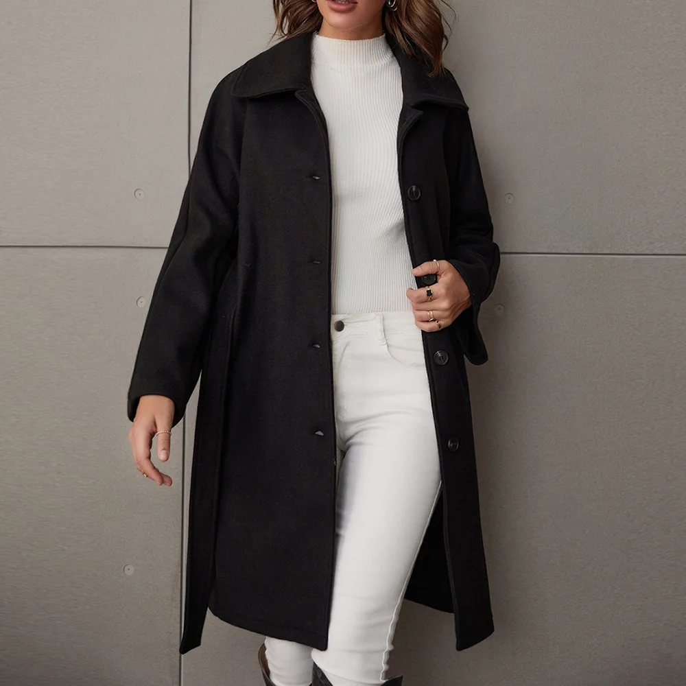 

2021 Fall/winter European And American Cross-border Fashion Loose Wool Coat Female Black Temperament Office Lady Jacket Fashion