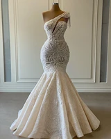 luxurious lace beaded wedding dresses one shoulder mermaid bridal gowns crystal beads sequin sweep train real picture robe