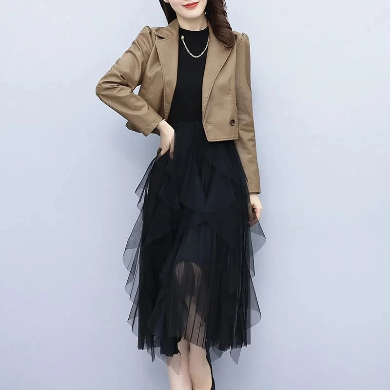 

Уличная модная укороченная кожаная куртка и Сетчатое платье с оборками, Женский комплект из 2 предметов в Корейском стиле, элегантные плать...