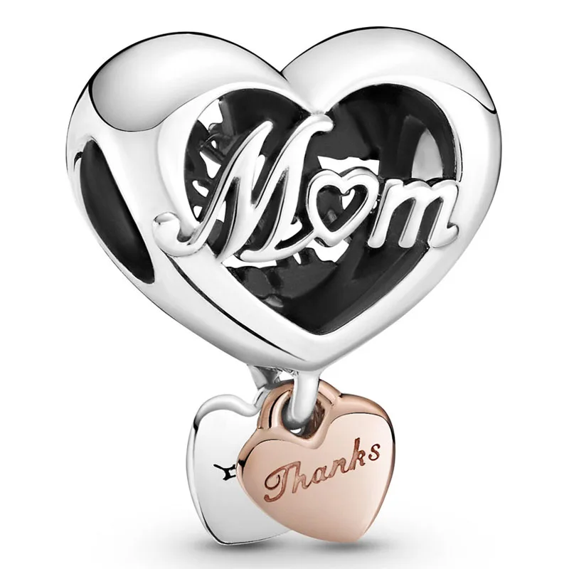 

Original 925 Sterling Silver Charm Openwork Rose Thank You Mom Heart Pendant Bead Fit Popular Bracelet DIY Jewelry