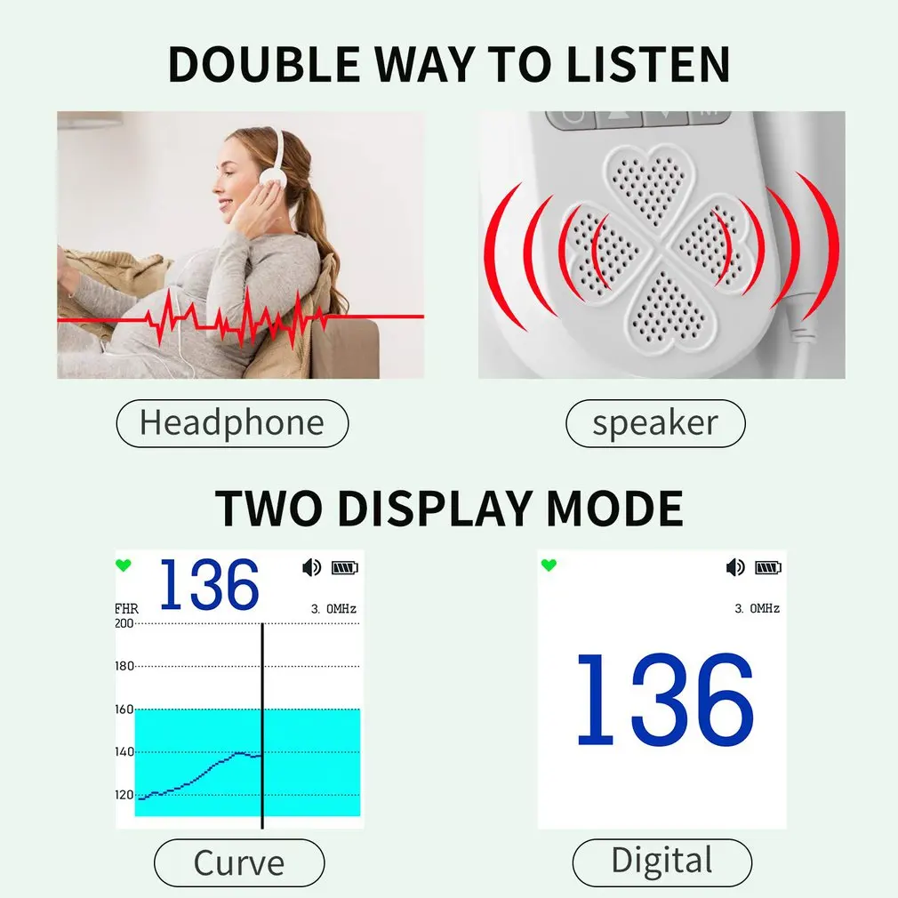 Medidor de frecuencia card&iacute;aca Fetal para mujeres embarazadas, dispositivo Doppler recargable, f&aacute;cil de leer, sin radiaci&oacute;n, Modos duales-2