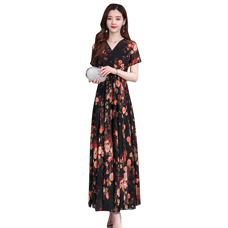 

Summer Maxi Dress Fashion Women Red Print Sexy V-neck Thin Chiffon Floral Boho 4XL Tropical Party Elegant Runway Dresses Vestido