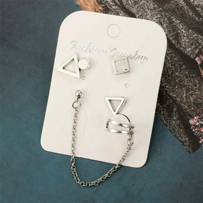 

European and American jewelry Fashion geometric alloy inverted triangle square metal ear earrings 4-piece set