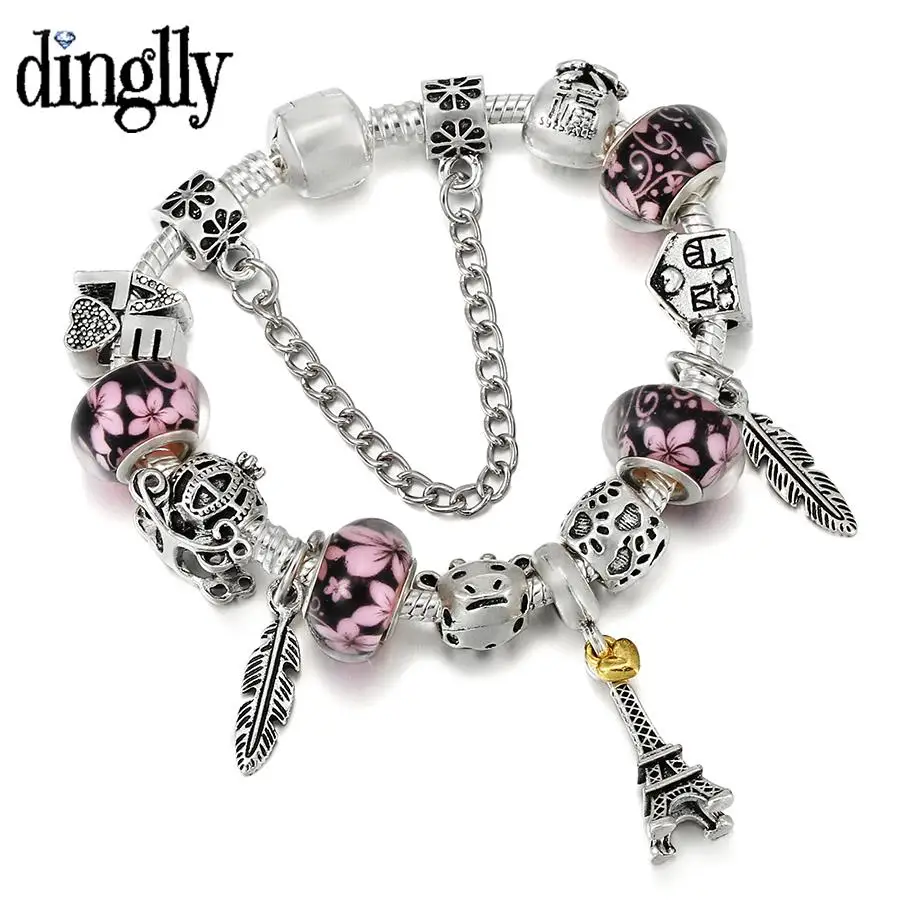 

Dinglly Gold Heart Tower Pendant Feather Charm Bracelets For Women Pumpkin Cart LOVE Fawn Bead Pink Flower Beaded Bracelet Gifts