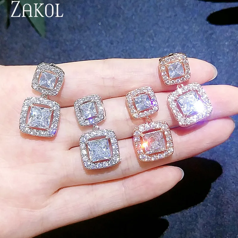 ZAKOL модные высококачественные квадратные висячие серьги с фианитами для женщин