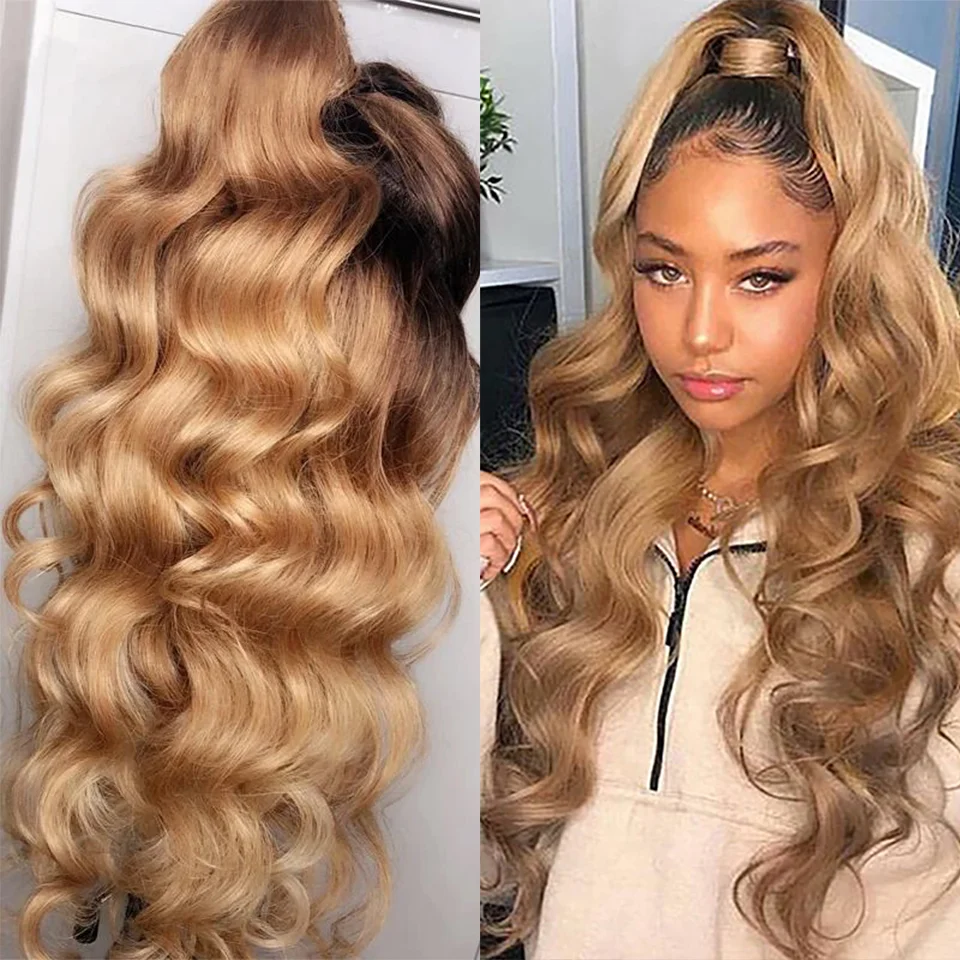 

26 Inch Long Ombre Blonde Natural Hairline Body Wave Lace Front Synthetic Wig for Black Women BabyHair Glueless Heat Resistant