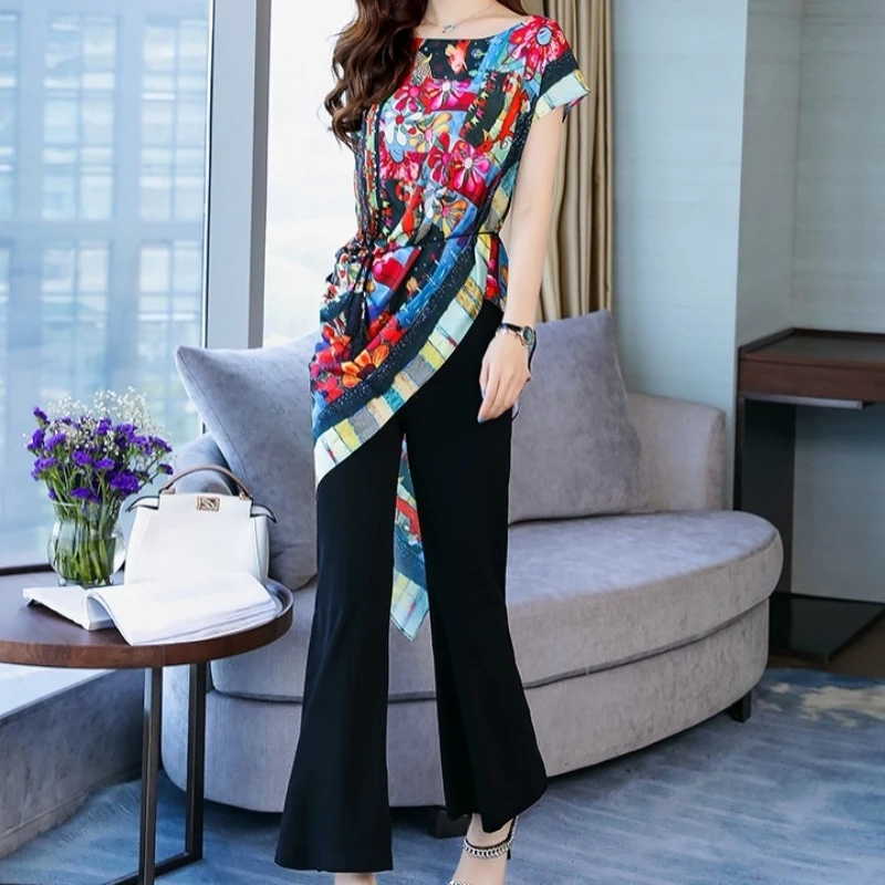 

Summer Office Women Elegant Slim Print Short Sleeve T-Shirt Black Flare Wide Leg Pants 2 Piece Set Streetwear