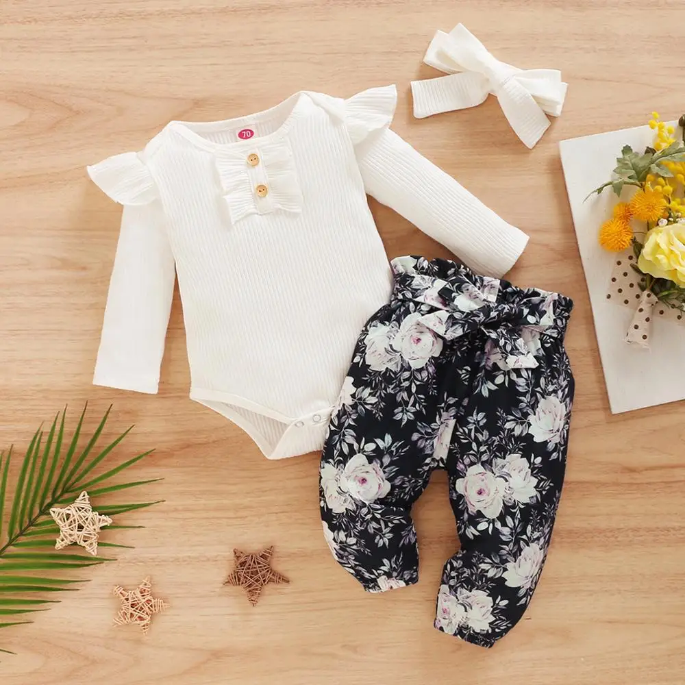 

3pc Toddler Newborn Baby girls clothing set Long Sleeve Ruffles Romper Bodysuit+Floral Pants Headbands Clothes Outfits set
