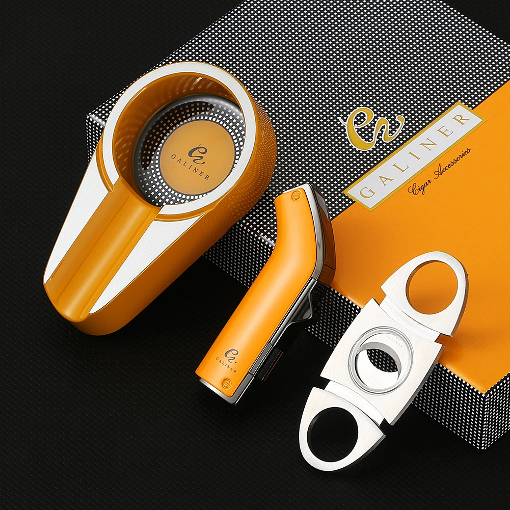 

GALINER Metal Ashtray Cigar Lighter Cutter Set Indoor Ashtrays Portable Gas Torch Lighters Steel Blade Sharp Cigar Cutter