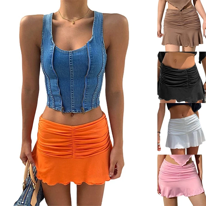 

Women's Pleated Hem Skirt Casual Elastic Solid Color Elastic Waist Flared Mini Skate Skirt