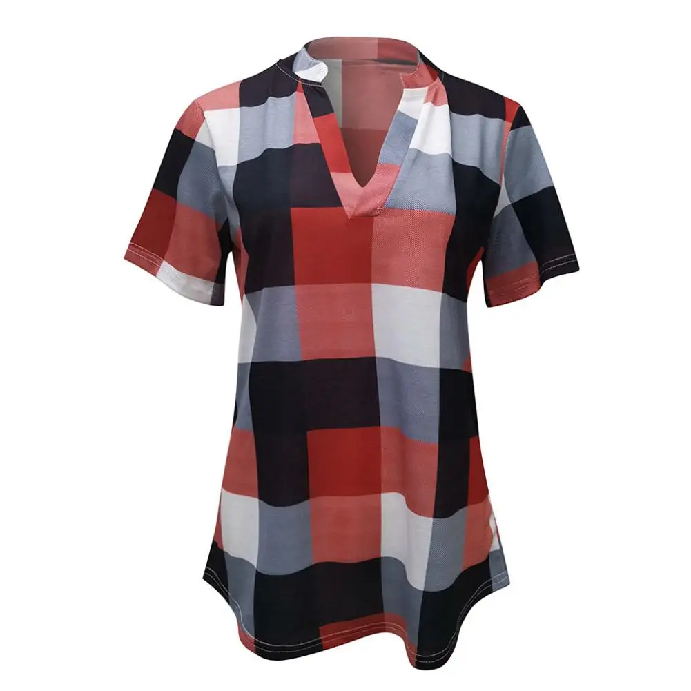 

Women's Blouse Office Lady Summer V Neck Short Sleeve Plaid Print Casual Shirt Blouse shirt Women's Clothing
