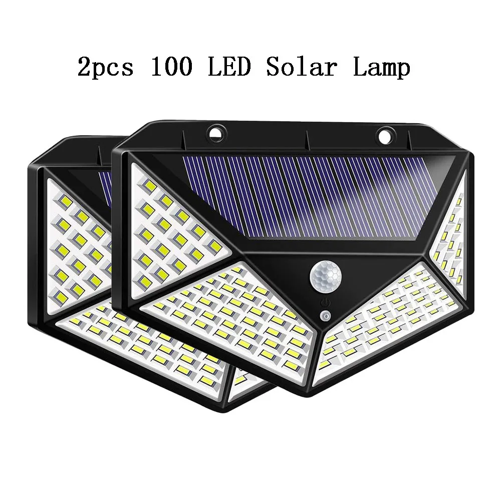 2pcs 100 LED 100/114LED 4-стороннее Солнечный PowerLight 3 режима 120 градусов угол движения Сенсор стенная солнечна лампа на открытом воздухе Водонепроницаемый шланг для полива огорода, двора, лампы - Испускаемый цвет: 2pcs 100 LED