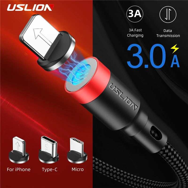 USLION 3A Магнитный usb-кабель для быстрой зарядки данных для iPhone XS Max 7 8 магнитное зарядное устройство Micro USB type C кабель для samsung huawei