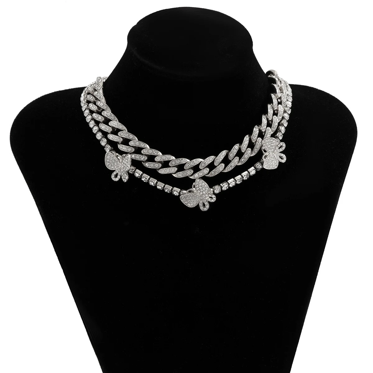 

KunJoe 2pcs/set Luxury Crystal Butterfly Necklace Charm Miami Curb Cuban Chain Hip Hop Necklace Rapper Gift For Women Jewelry