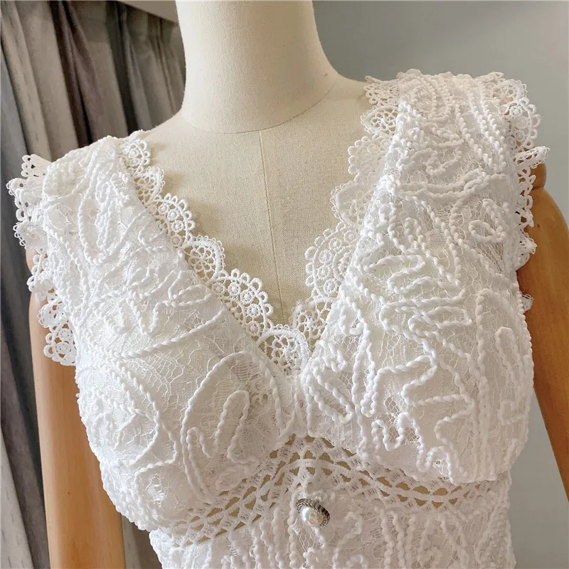 

Summer New Fashion 2021 Women's Scxy Sleeveless V-Neck Tank Lace Spliced Hollow Out Button Bandage White Elegant Mid-calf Dress