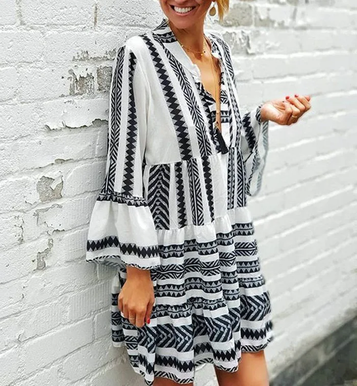 Летние полосатые платья Мини женские 2019 Boho осенние вечерние короткие пляжные повседневные свободные