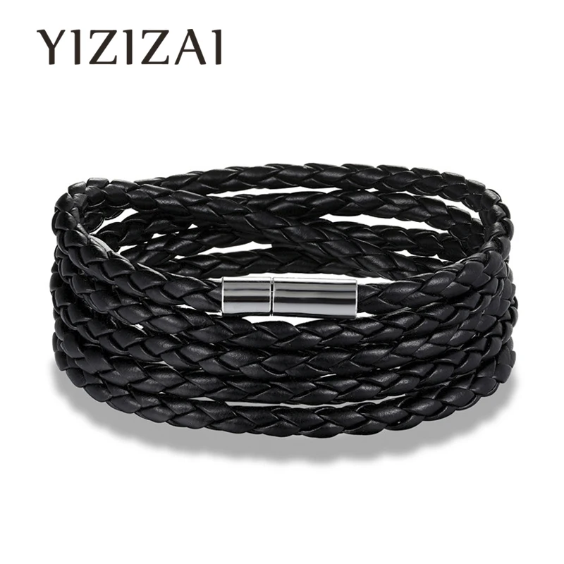 Модный натуральный кожанный браслет с металлическими камнями Многослойное