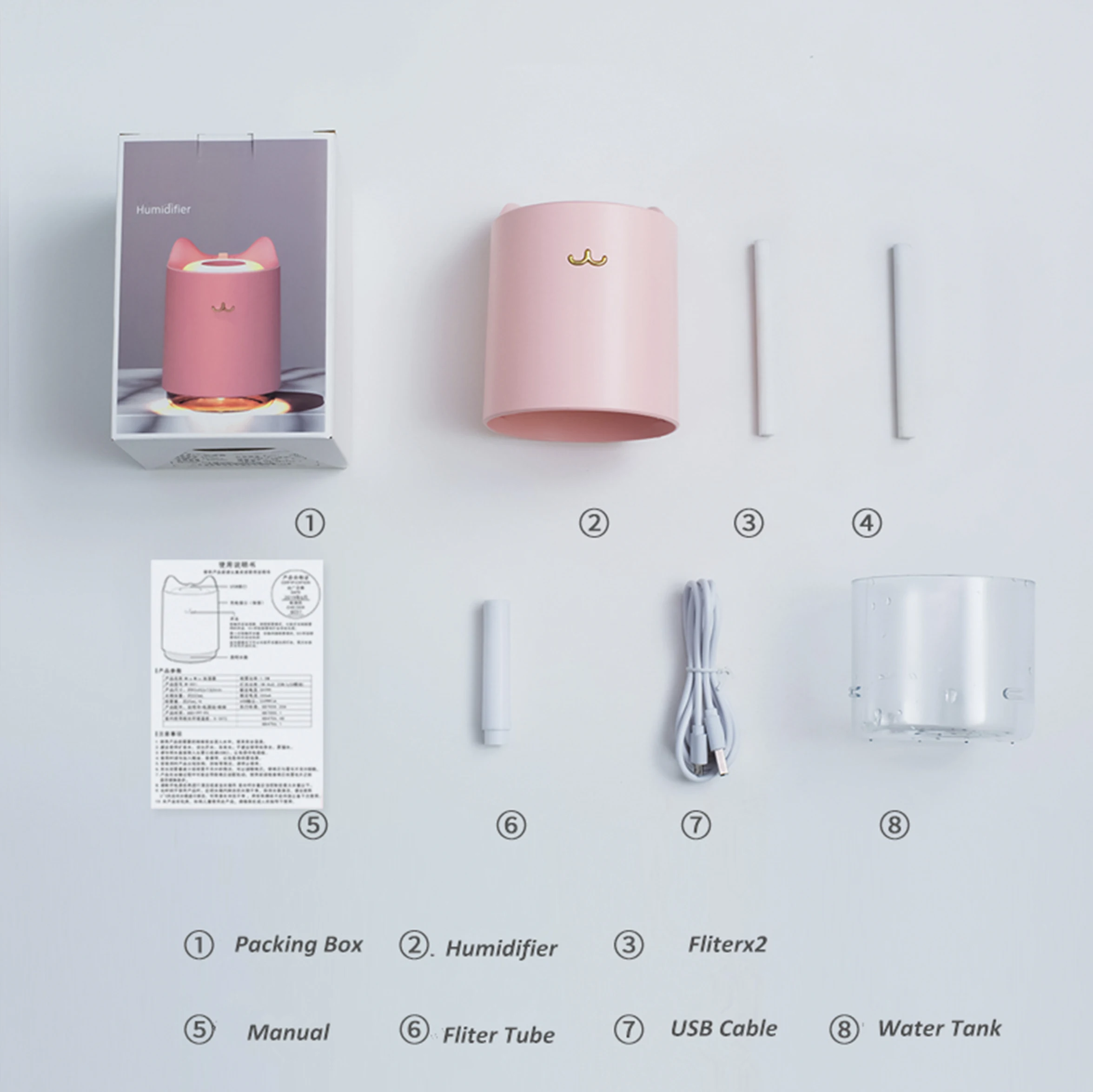 

1pcs Ultrasonic Air Humidifier 320ml Mini Cat USB Aroma Diffuser With Romantic Night Light Hydration for Home Office Car air