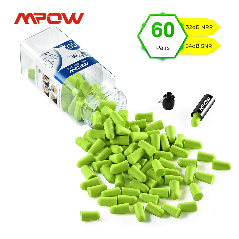 Ушные вкладыши Mpow HP055 из пеноматериала, 60 пар, шумоподавитель/фильтр, протектор слуха NRR 32 дБ, шумоподавление с переносным чехлом для сна - изображение