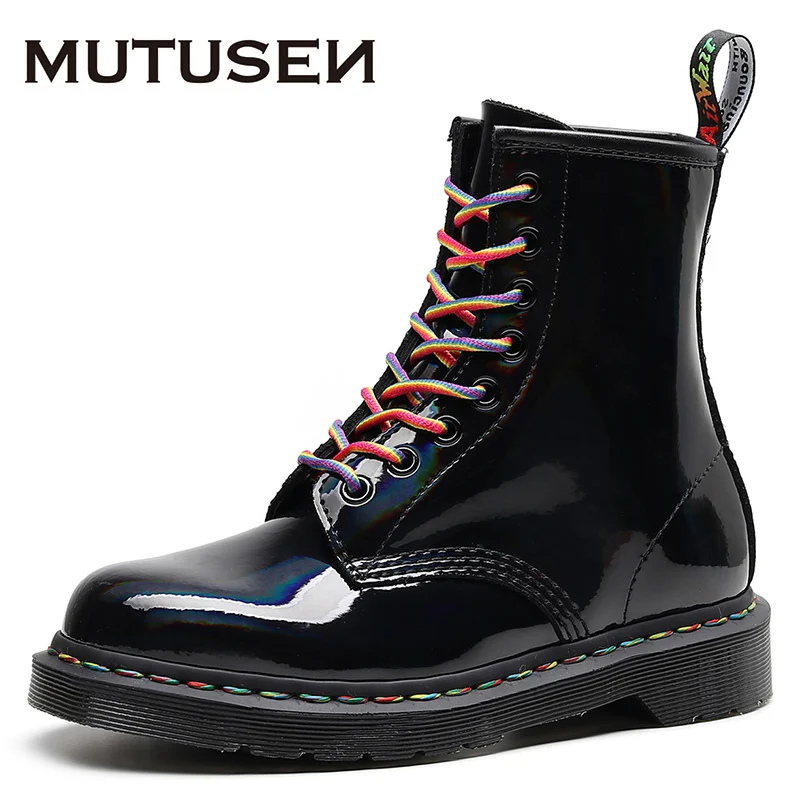 

Unisex Casual Boots Men Women Rainbow Patent Genuine Leather Glossy Laser Film Men's Ankle Boots British Style Martin Boots