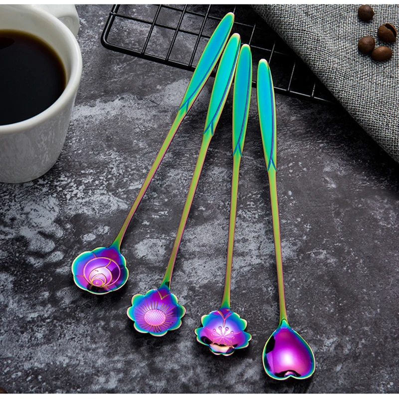 Stainless Steel Spoon Long Handle Flowers Heart Shape Ice Tea Coffee Dessert Kitchen Drink Tableware | Дом и сад