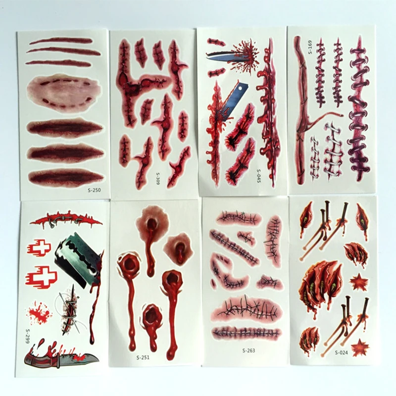 

Temporary Tattoo Stickers Non-toxic Long Lasting Halloween Terror Realistic Stitched Injuries Wounds Body Makeup Tattoo Stickers