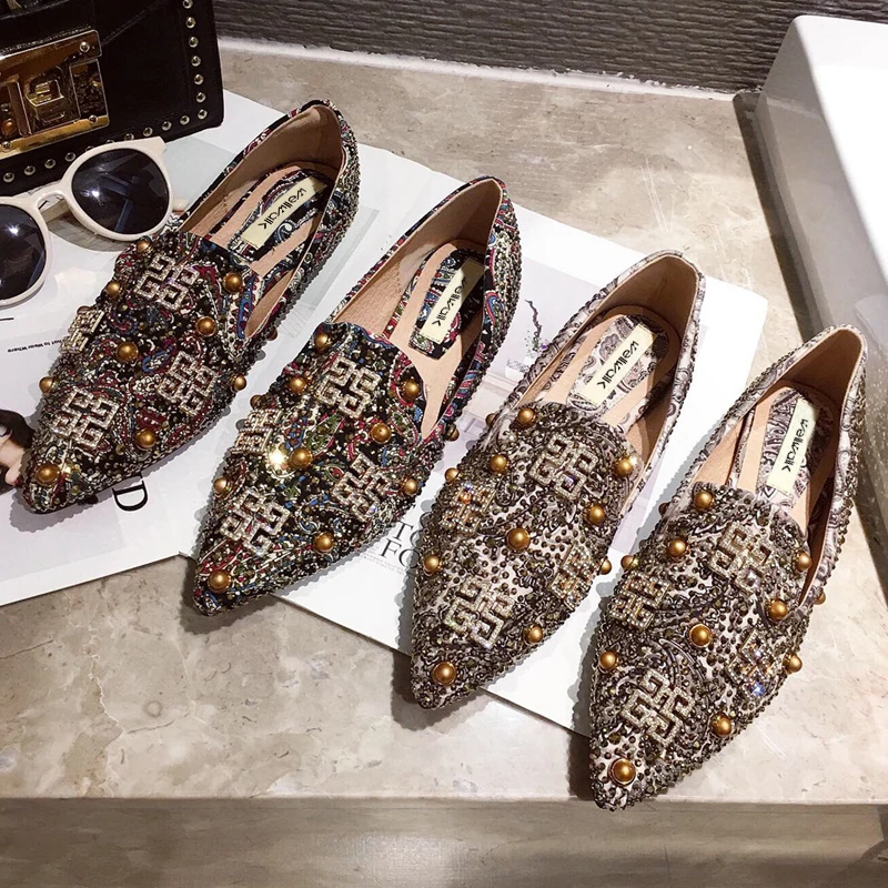 Женская обувь Лоферы на плоской подошве Балетки с острым носком Стразы Жемчуг