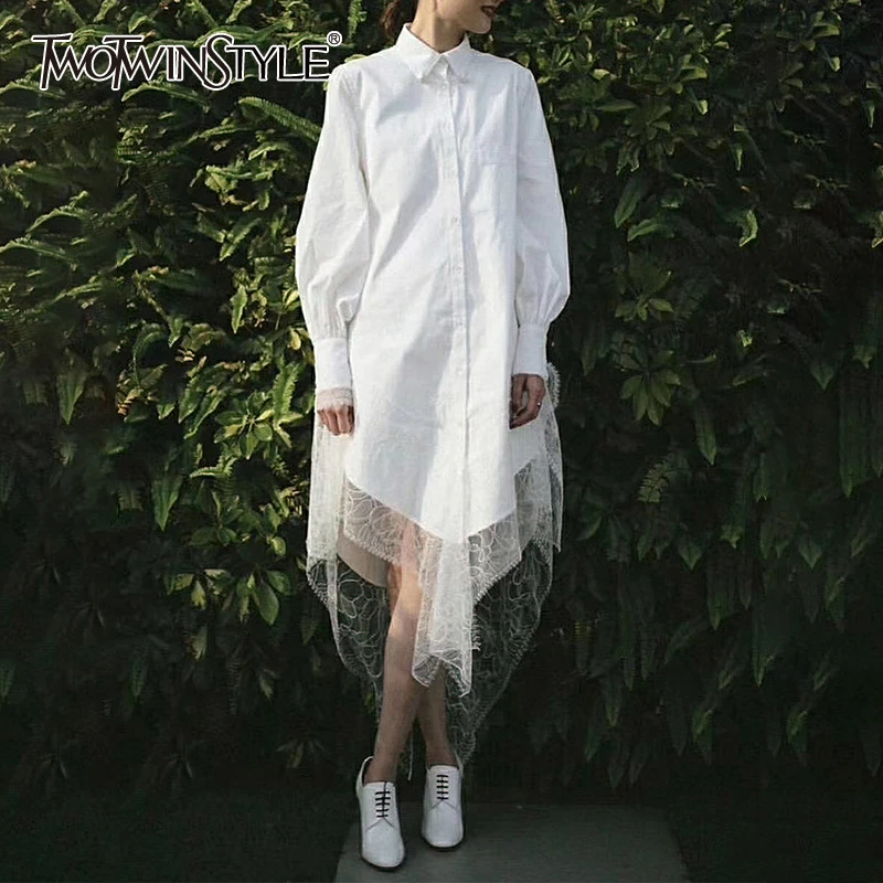 TWOTWINSTYLE кружевное лоскутное женское платье воротник с отворотами фонарь рукав