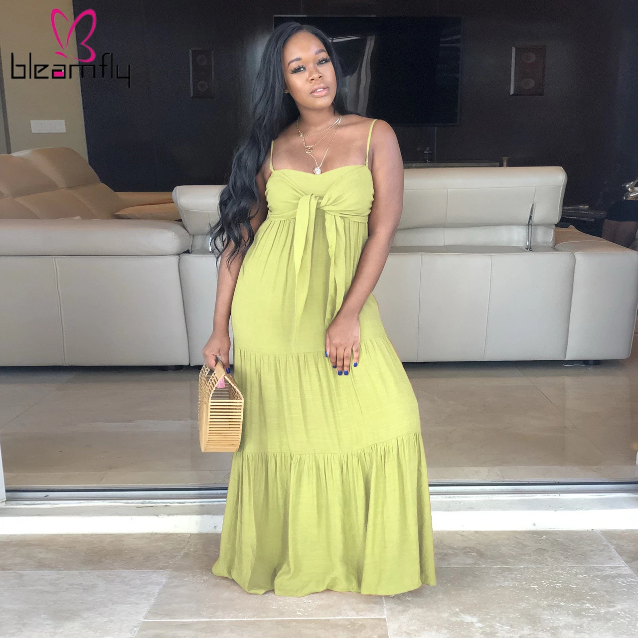 2019 женское летнее Пляжное Платье макси с бретельками и завязками длинное