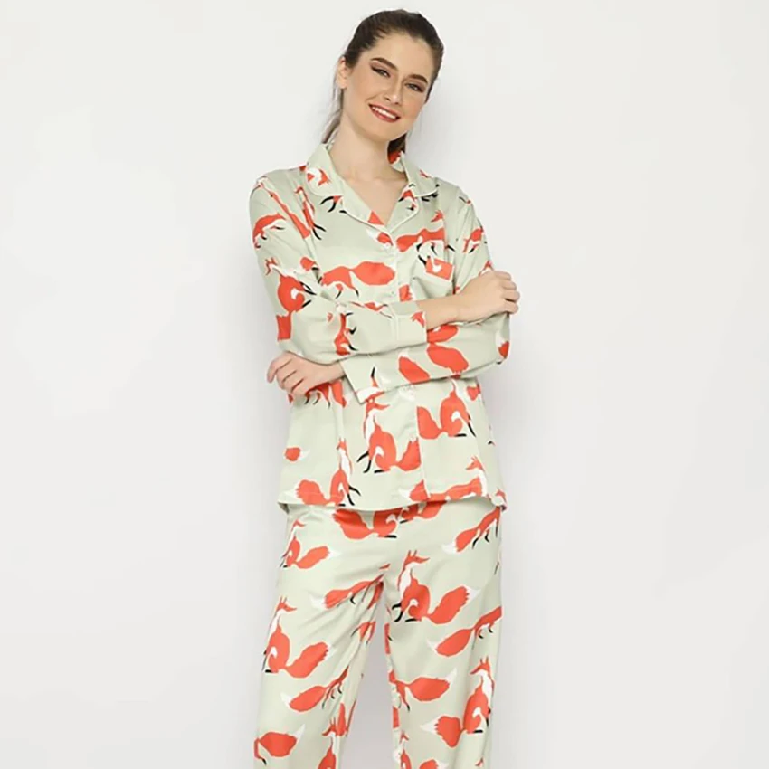 

Restve Fox Pattern Pajamas For Women 2 Piece Set Satin Long Sleeve Turn Down Collar Tops Pocket Casual Female Sets With Pants