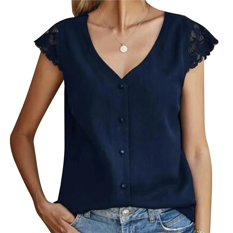 

Fashion Loose Blouse Women's Fashion Lace Short Sleeve Casual Vintage V-neck Solid Color Top Clothes For Women Femininas