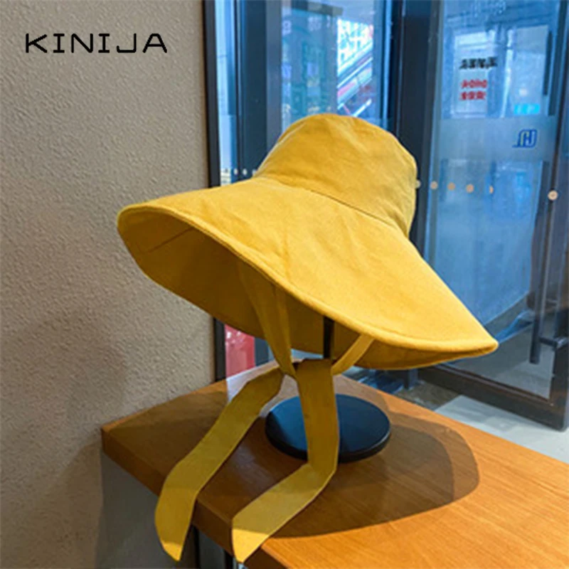 Корейская женская летняя тонкая шляпа с большими полями однотонная от солнца в
