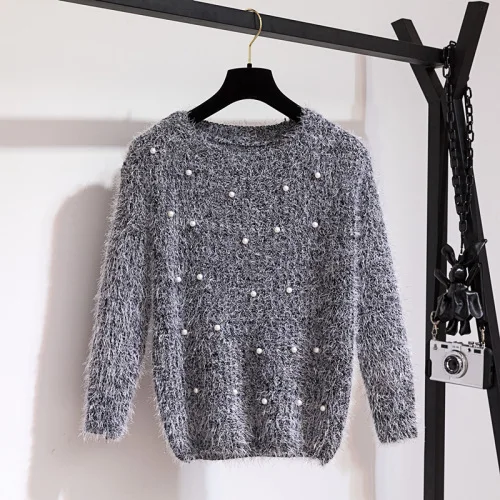 gray sweater Осенне-зимний комплект из двух предметов, спортивный костюм женская одежда элегантный вязаный свитер с бисером+ короткая твидовая юбка русалки, костюм - Цвет: gray sweater