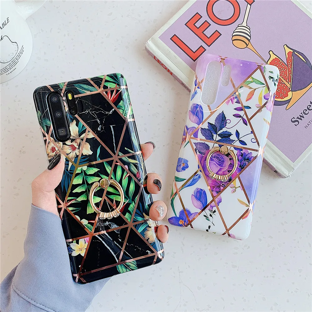 Роскошный обшивка цветок и лист кольцо чехол для телефона хуавей P20 P30 mate 20 30 лайт
