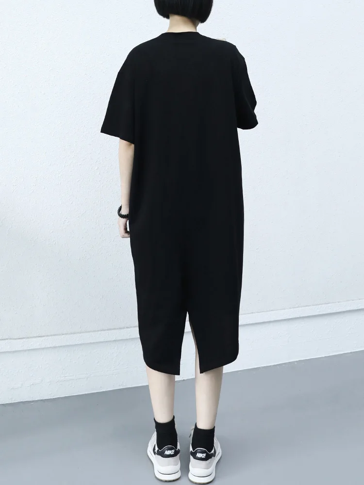 

[EAM] Women White Contrast Color Long Dress New Round Neck Half Sleeve Loose Fit Fashion Tide Spring Summer 2021 1DE0771