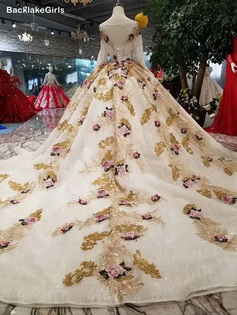 Rose Flowers Champagne And White Beautiful Dress Floor Length O Neck Long Sleeve Lace Up Back Cheap Evening Robe De Mariee | Свадьбы и