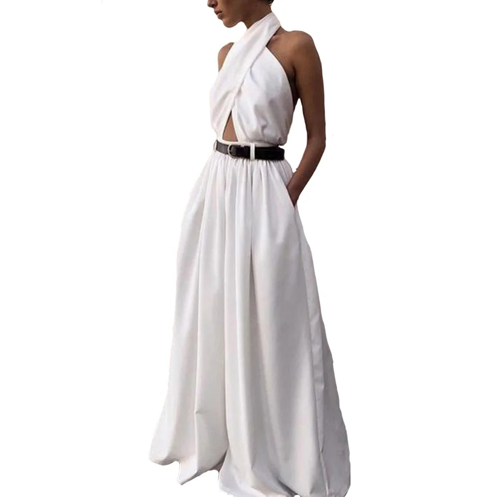 

Spring Women Jumpsuit Sexy Deep V Hanging Neck Sleeveless Halter Rompers European American Ladies New White Casual Trousers