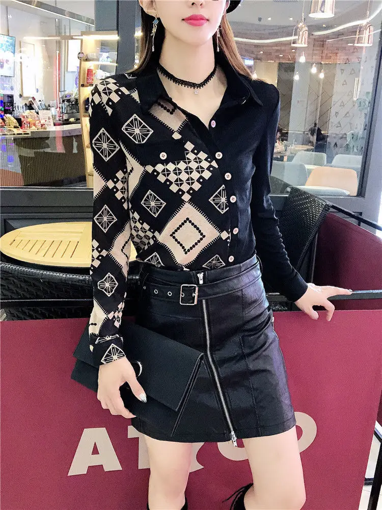 

2021 Spring And Autumn New Color-Blocking Shirt Female Korean Version Printed Slim Plus Size All-Match Top Bottoming Shirt