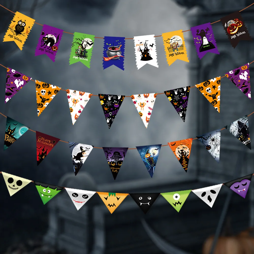 Украшение на Хэллоуин баннер с тыквой черепом Бумажная гирлянда флажки
