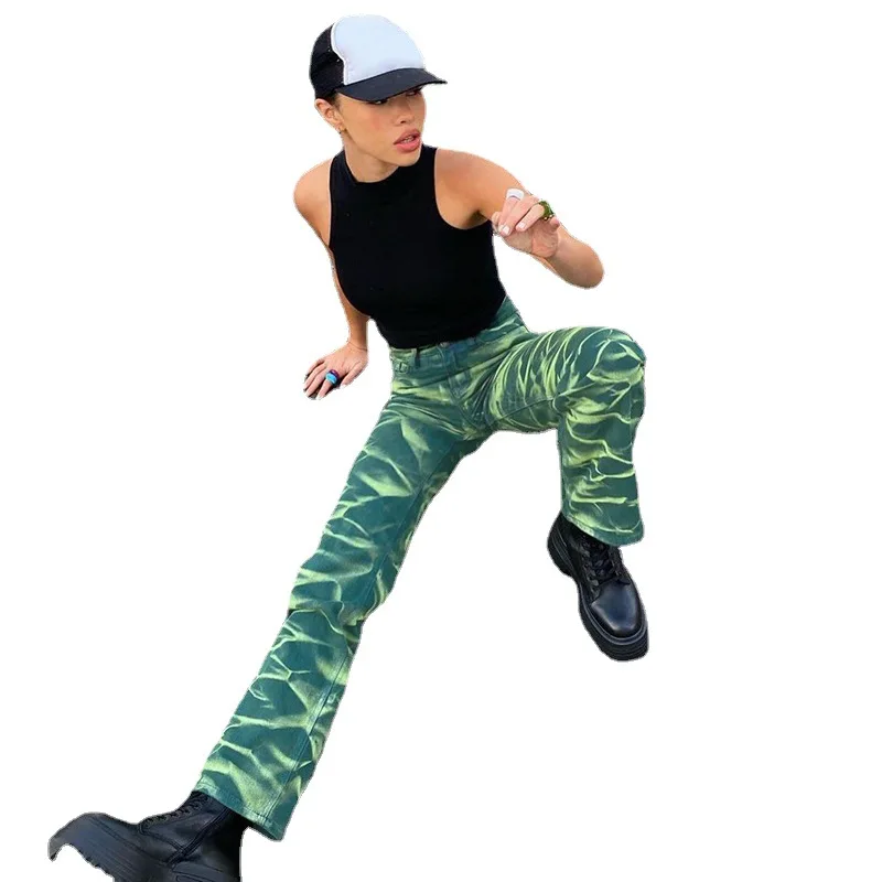 

Tie-dye Contrast Color Summer Of 2021 The New Pants Of Tall Waist Straight Canister Fried Street Washing Jeans Female Fashion