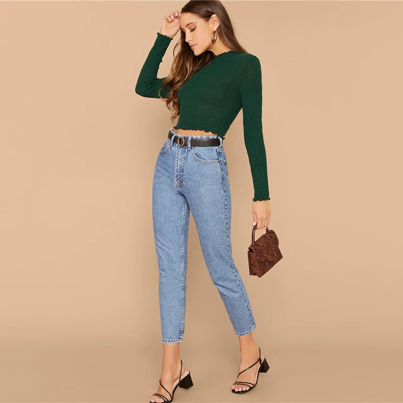 Dotfashion, бордовые, с салатовой отделкой, одноцветные, с длинным рукавом, кроп-топы для женщин, осень, футболка, женская одежда, повседневная, облегающая футболка
