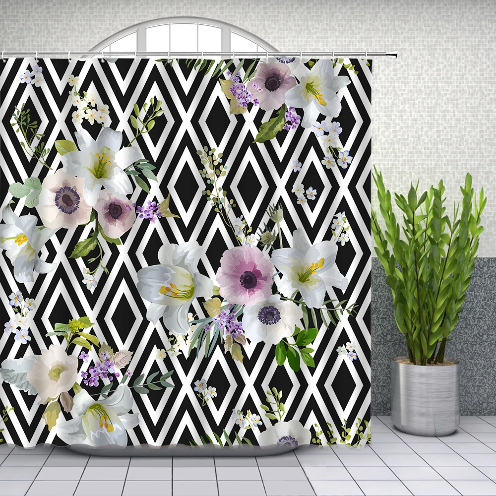 

Floral Plant Shower Curtains Spring Flower Rhombus Geometric Pattern Bathroom Decor Waterproof Polyester Bath Cloth Curtain Set