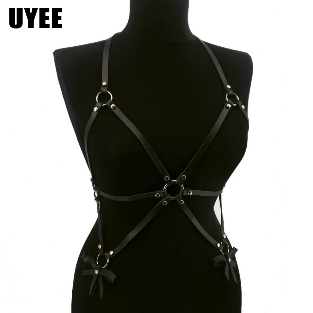 

UYEE Sexy Women PU Leather Chest Harness Belt Bow-knot Lingerie Body Bondage Erotic Suspenders Bra Cage Slim Punk Garter Belt