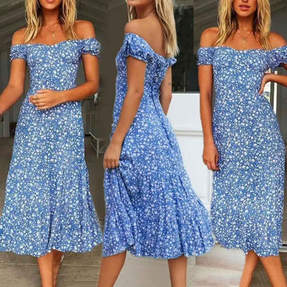 

dresses for women 2021 Off Shoulder Print Puff Short Sleeves Lacing Slim Midi Dress Sundress for Beach Summer Women's Clothing