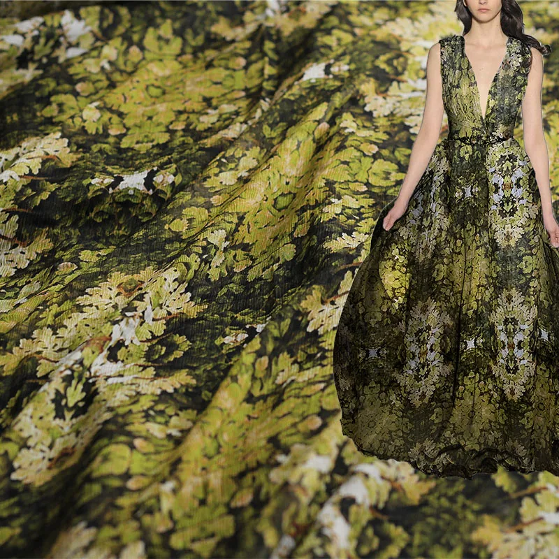 

100% шелковая ткань для женщин, с белыми и зелеными принтами