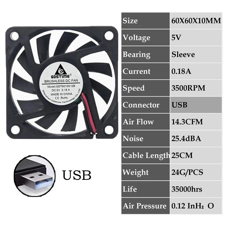 0.18A6010S5VUSB 2 шт. Gdstime 2Pin DC 5 в 12 В 24 в 24 вольт 6 см 60x60x10 мм 60 мм двойной шариковый подшипник Бесщеточный вентилятор охлаждения 60 мм x 10 мм кулер - Цвет лезвия: 0.18A6010S5VUSB
