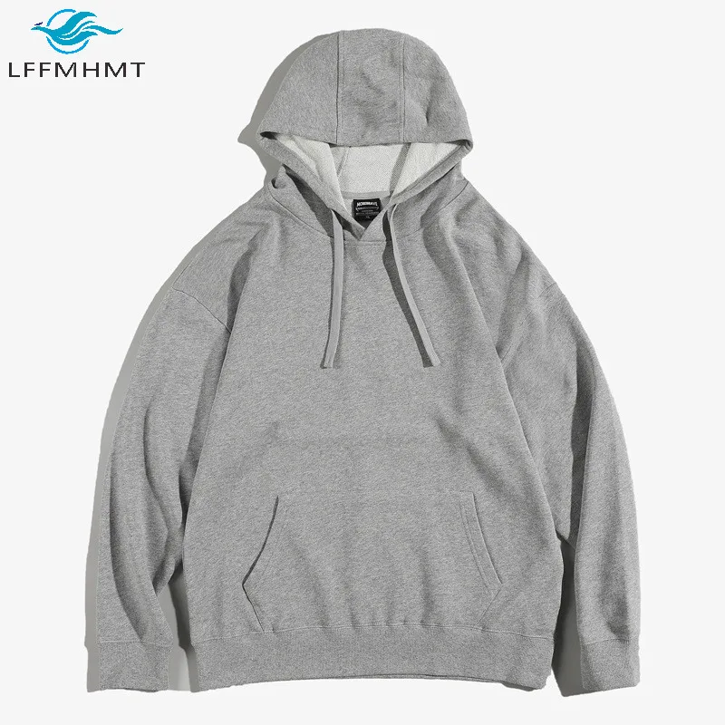 

Men Spring Autumn Fashion Japan Style Solid Color Long Sleeve 350g Heavy Weight Hooded Sweatshirts Male Casual Loose Wild Tops