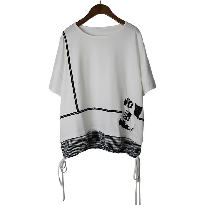 

XITAO Plaid Patchwork T Shirt Women Tide Fashion New Style O Neck Collar Short Sleeve Drawstring Pullover 2021 Summer WMD0447
